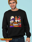 Womens Gnomes Halloween Thanksgiving Christmas Happy Hallothanksmas T-Shirt